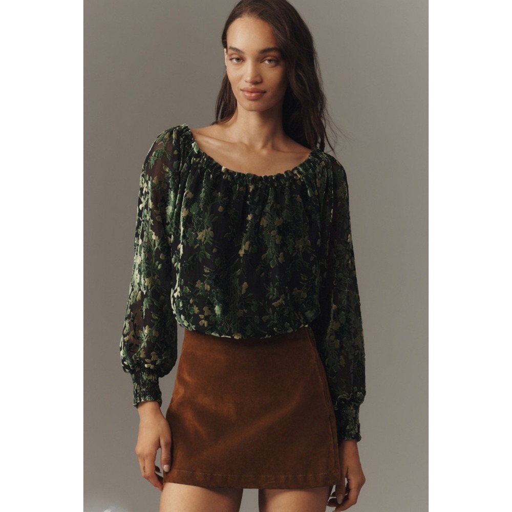 Anthropologie Green Floral Burnout Velvet Shoulder Blouse Size M